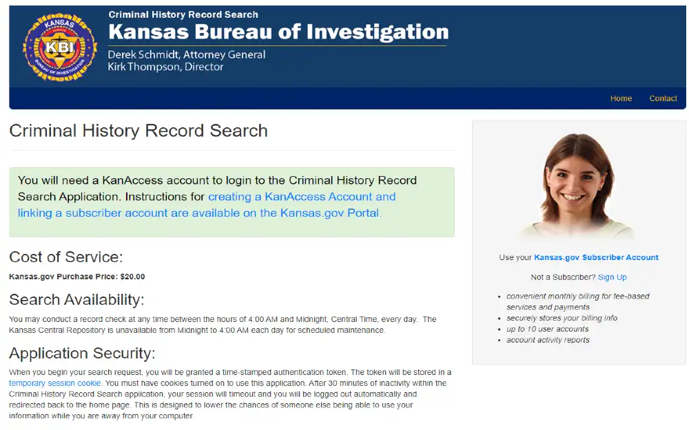 A screenshot from Kansas bureau of investigation website's criminal history record search showing information for cost of service, search availability and application security. 