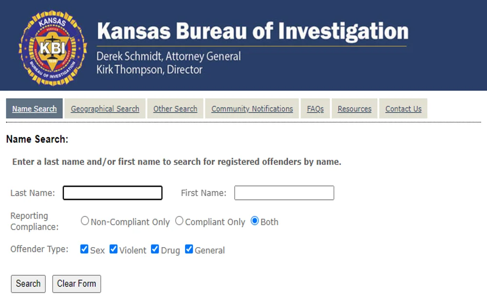 A screenshot from Kansas bureau of investigation website's offender search page showing an empty search field and a grey button for search and clear form.
