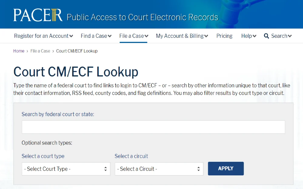 A screenshot from public access to court electronic records website's file a case section with an empty search field for cm/ecf lookup.