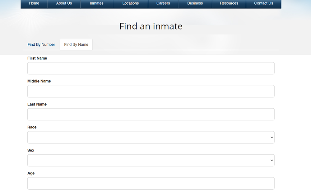 A screenshot from the Federal Bureau of Prisons website showing the find an inmate page with an empty search criteria.