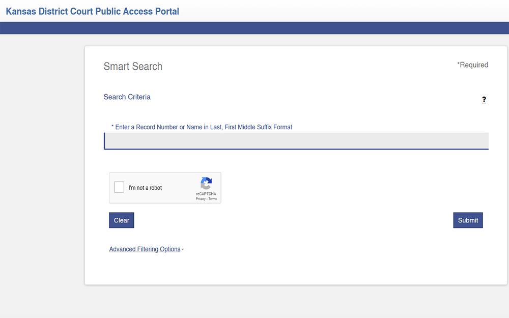 A screenshot from Kansas district court public access portal page showing an empty smart search criteria, and a verification box.