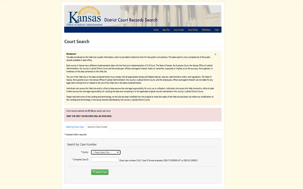 A screenshot from the Kansas office of Judicial Administration website's district court records search page showing a disclaimer and an empty search by case number field.