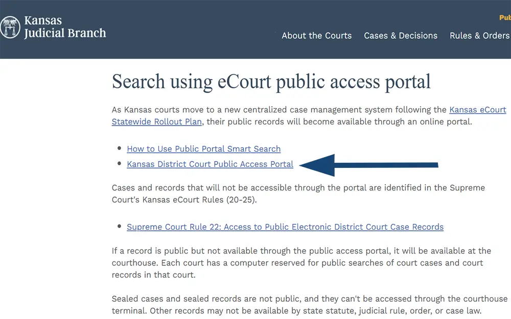 A screenshot from the Kansas Judicial Branch website showing the search using ecourt public access portal page with an arrow pointing towards the Kansas district court public access portal page link.