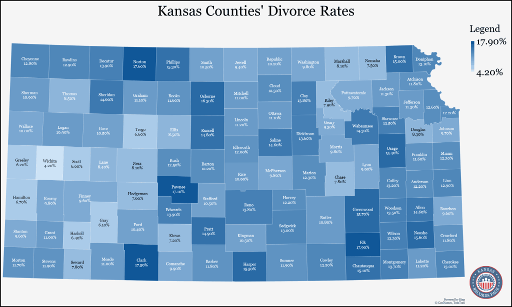 An outline of the map of Kansas Counties showing the divorce population rates (5-year estimates in 2021) of each County base on the Census Bureau; the logo of the page at the bottom right corner.