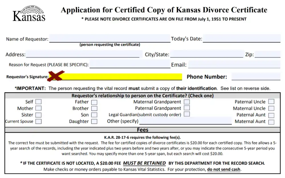 A screenshot of an application form for a certified copy of a Kansas divorce certificate that requires filling out information such as the name of the requestor, date, address, city or state, email address, the reason for request and phone number and other information from the Kansas Department of Health and Environment website.