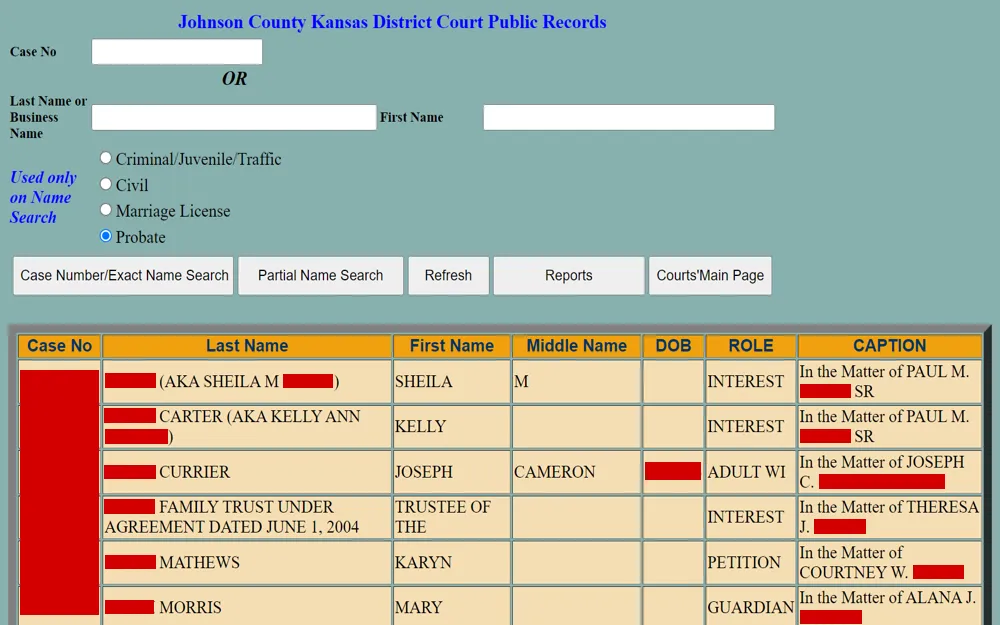 A digital record from a district court in Johnson County showing a search tool and subsequent results that include case numbers, full names with aliases, dates of birth, roles in the case, and case captions for various legal matters including probate and trusts.