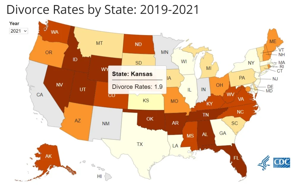 A screenshot of a visualization information map showing divorce rates based on provisional counts per 1,000 total population residing area filtering from 2019-2021 from the Centers for Disease Control and Prevention website.