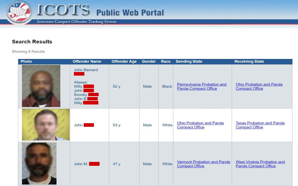 This table displays results from the Interstate Compact Offender Tracking System, showing photographs and detailed information of offenders, including names, ages, genders, races, and the states involved in sending and receiving the individuals for probation or parole supervision.