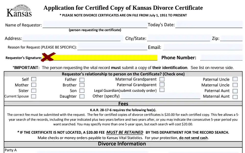 A screenshot of the form used to obtain divorce documents in Kansas.