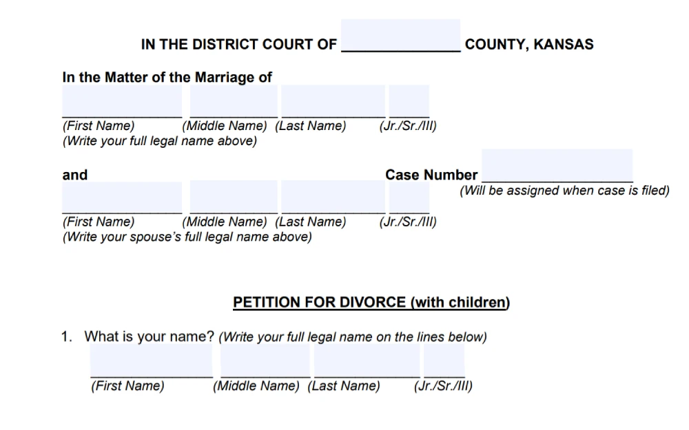 A screenshot of the petition for divorce with children form on the Kansas Judicial Council website requires the petitioner to fill out some information such as the spouses' first, middle, and last names, case numbers, and other information.