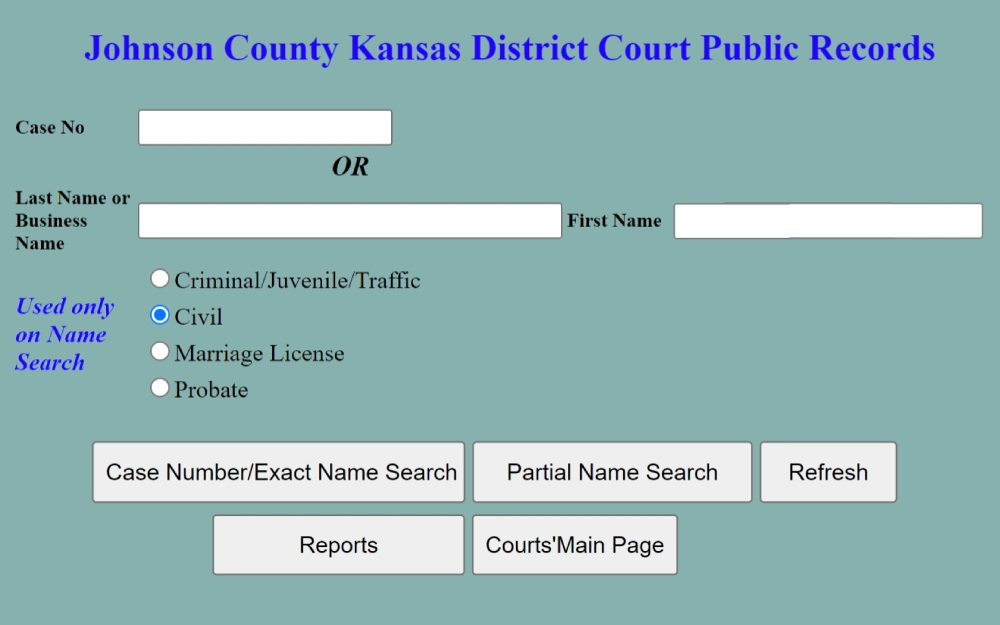 A screenshot displaying a search tool can be used to find a public record by searching the case number, first name, last name, and business name or selecting the type of record from the Johnson County Kansas District Court website.