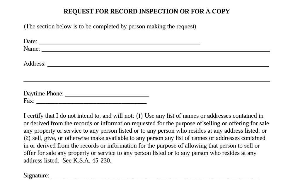 A screenshot of the form used to request records in Shawnee County.