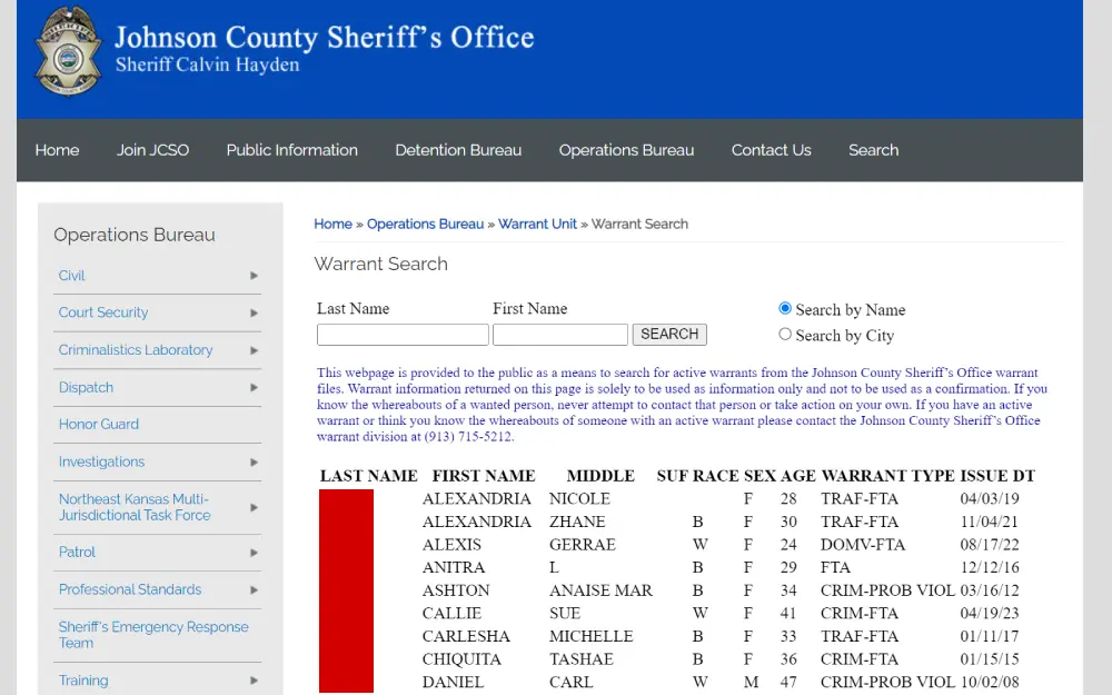 A web interface from the Johnson County Sheriff's Office displaying a searchable list of individuals with warrants, including their names, race, sex, age, type of warrant, and issue date, with instructions for public use and a disclaimer regarding direct contact.