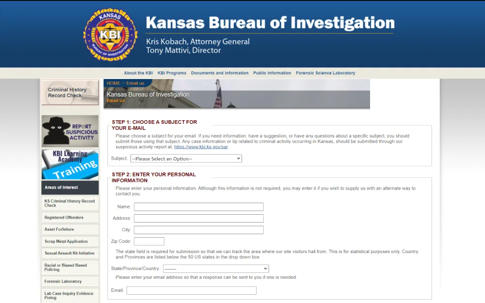 Showing the email contact form from the Kansas Bureau of Investigation website, where users can select the subject of their inquiry and optionally provide their personal information to facilitate communication with KBI representatives for information or to submit tips regarding suspicious activities.