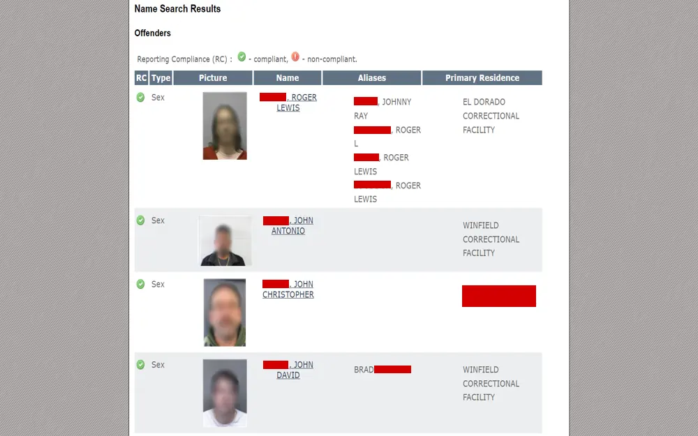 This is a database excerpt from a state bureau of investigation, showing a list of offenders, their compliance status, photographs, names, aliases, and primary residences, as part of a public information system.