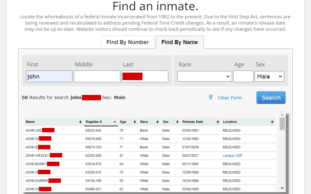 A screenshot of the search results of the Federal Bureau of Prisons' find an inmate tool, listing the inmates both in and out the federal custody, including their personal information such as names, register numbers, ages, races, sexes, release dates, and locations.
