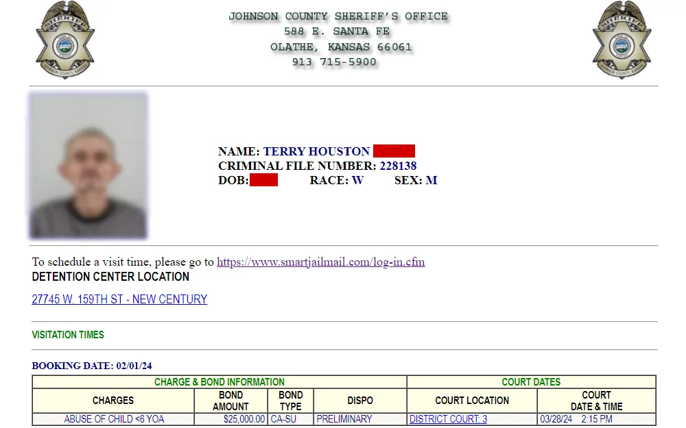 A screenshot of prisoner's detail displaying his mugshot, name, criminal file number, date of birth, sex, race, booking date, and the charge and bond information.