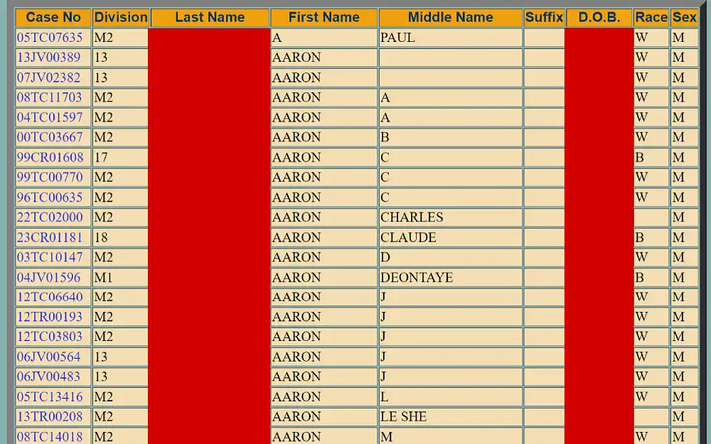 A screenshot displaying a document search results from the Topeka Municipal Court website with details such as case number, division, last name, first name, middle name, suffix, date of birth, race and sex.