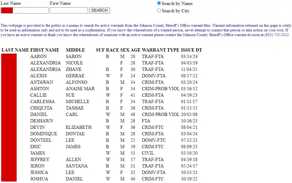 A screenshot from the Johnson County Sheriff's Office lists the warrant search results in a table containing the following information: last, first, and middle names, race, sex, age, warrant type, and issue date.
