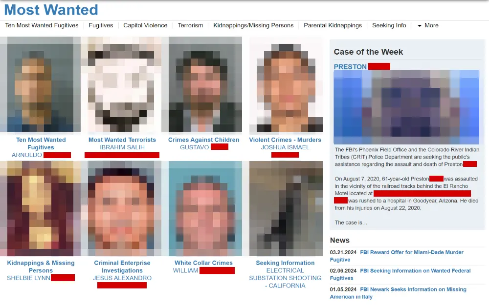 A screenshot displaying the most wanted from the Federal Bureau of Prisons website showing the complete name, mugshot photo, description of the offense, menu options on the top and a featured case of the week on the right side of the page.