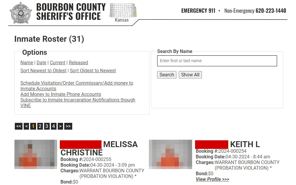 A screenshot from the sheriff's office of Bourbon County displays the provided inmate roster, starting with the search options and name input field, followed by the mugshots, names, booking numbers and dates, charges, and bonds of the posted inmates.