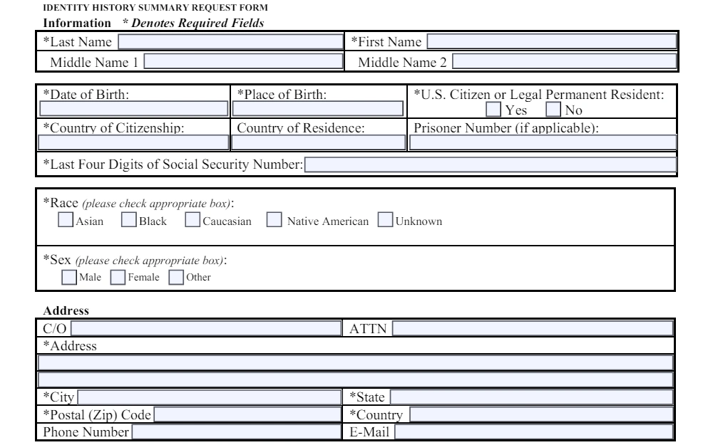 A screenshot of the identity history summary request form from the Federal Bureau of Investigation displays fields for requestor information including the name, birth date, birth place, residence, prisoner number (if applicable), last four digits of the social security number, race, sex, and address.
