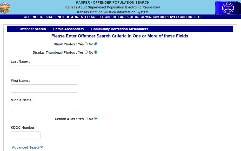 A screenshot of the KASPER offender population search from the Kansas Criminal Justice Information System displays an empty search criterion, including last, first, and middle names, and KDOC number, with an option for an advanced search.