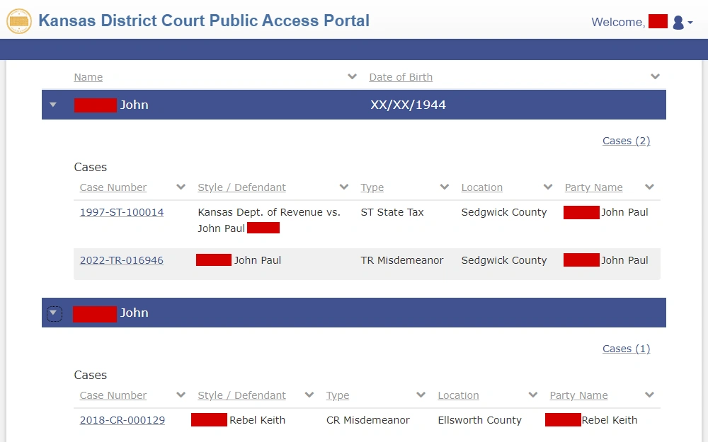 A screenshot of the court records search results from the public access portal of Kansas displays the case titles, numbers, party names, types, locations, and birth dates.