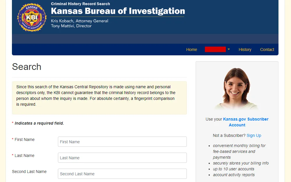 A screenshot of the search form for criminal history records in Kansas displays the first few input fields provided for first, last, and second last names, with a side panel prompting the users to subscribe to the service.